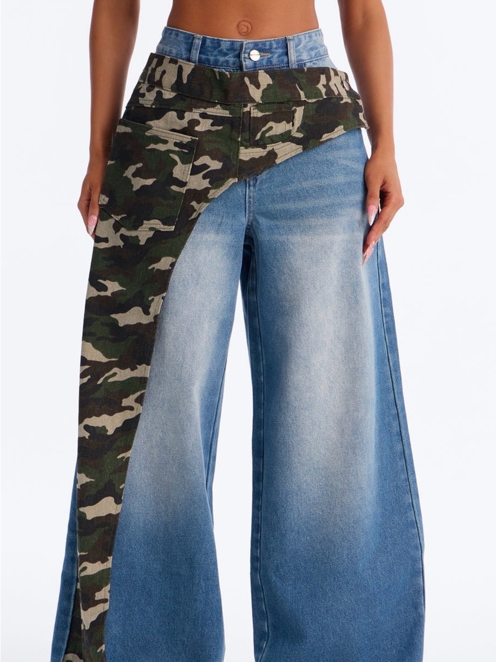 Wide Leg Denim Jeans with Camo Wrap Waist size 10